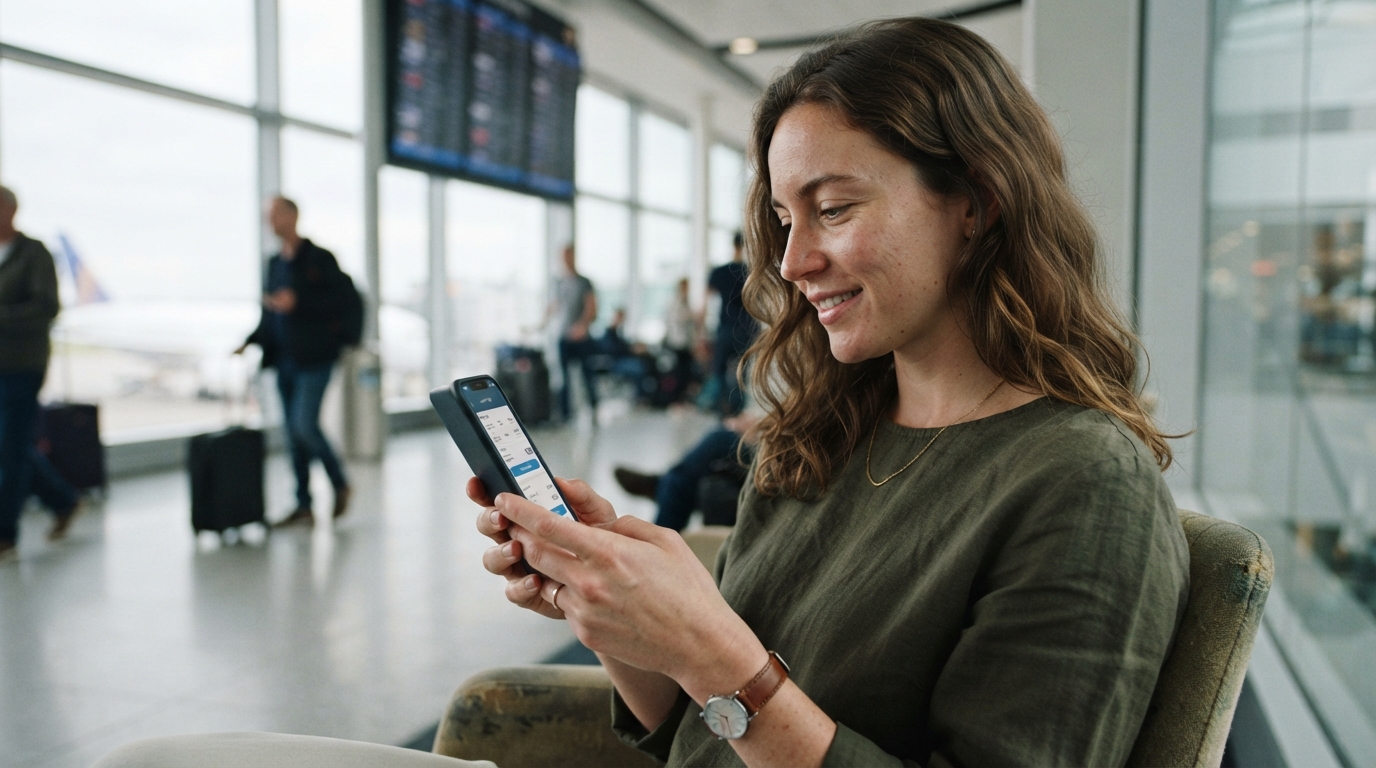 a person holding a smartphone showing a flight booking app