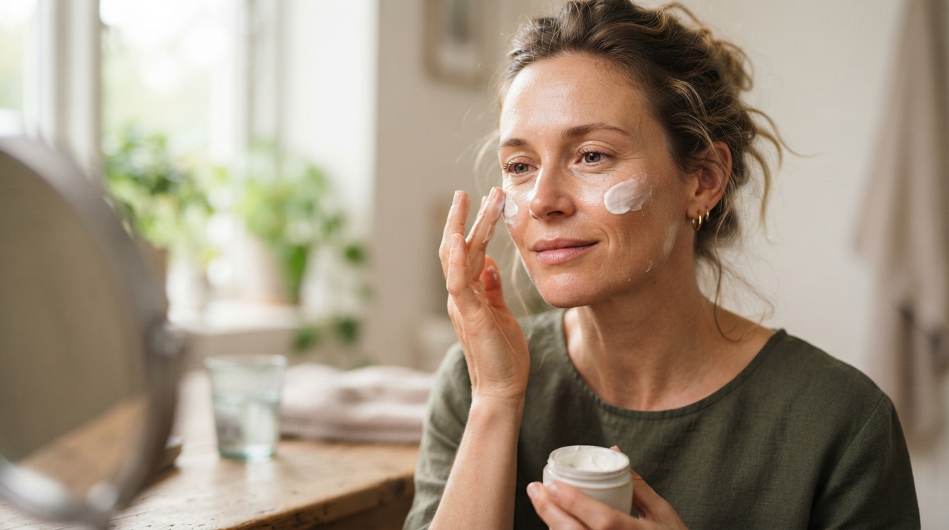 a woman applying skincare cream