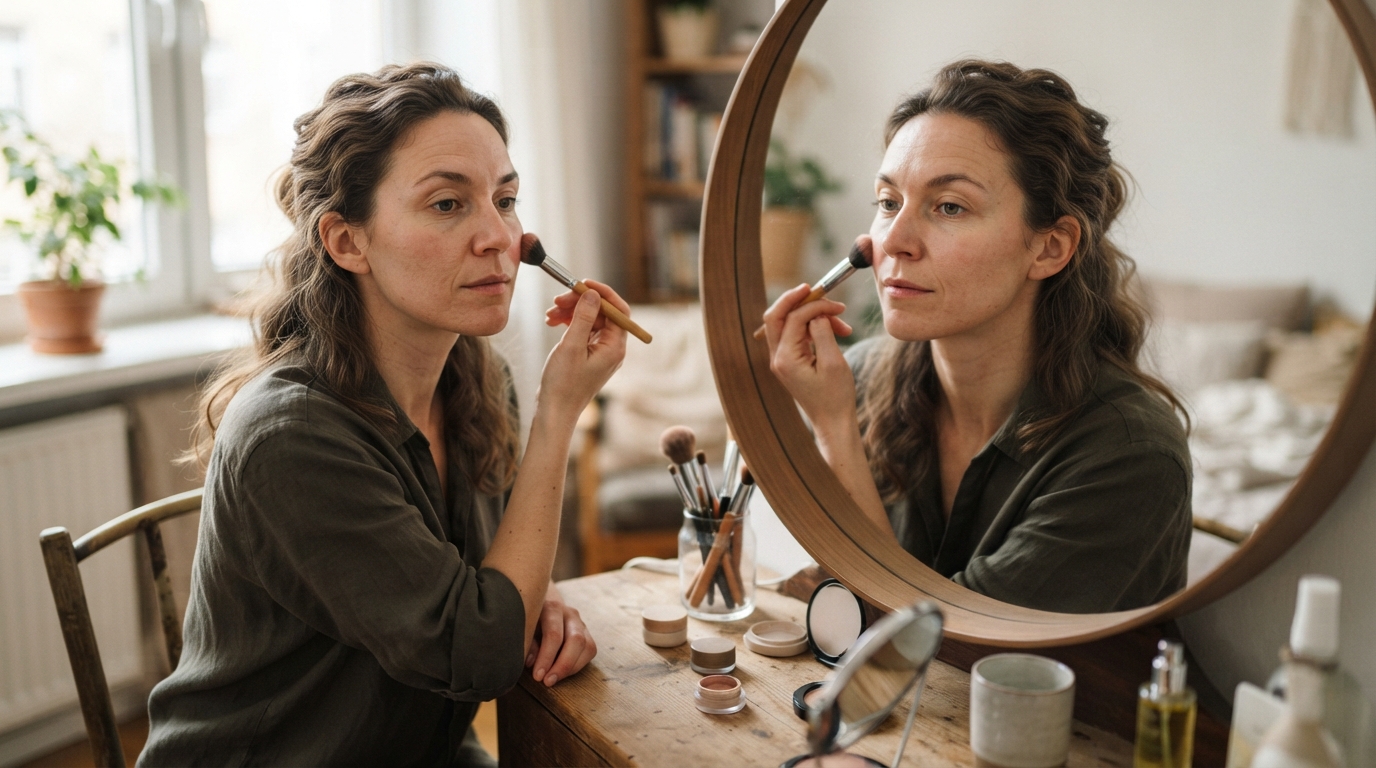a woman applying makeup with a brush in front of a mirror
