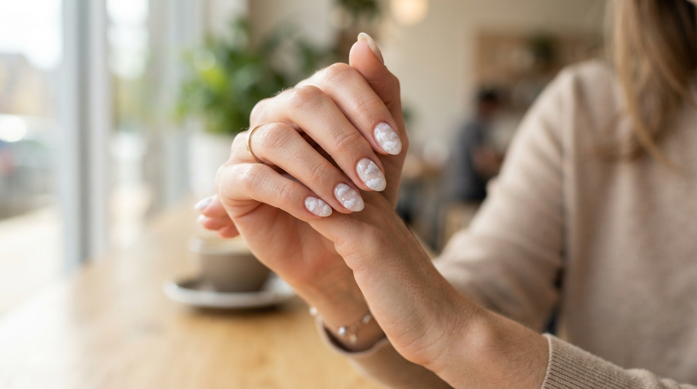 a woman showing her manicured nails with cloud-like nail art