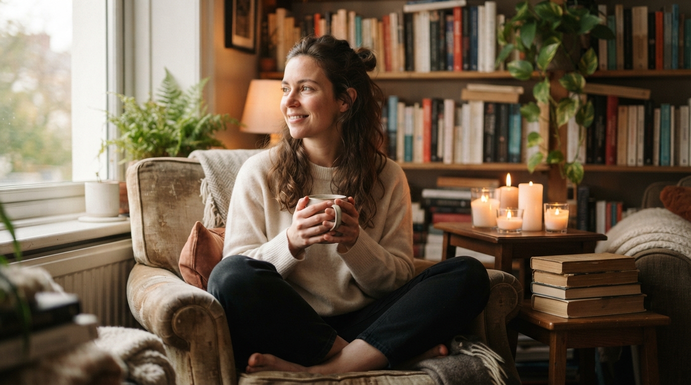 a person sitting in a cozy room with candles and soft lighting