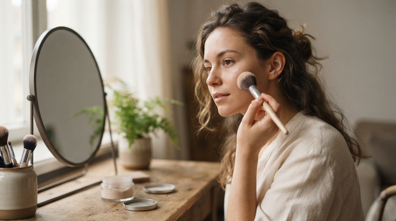 a woman applying matte makeup with a soft focus finish