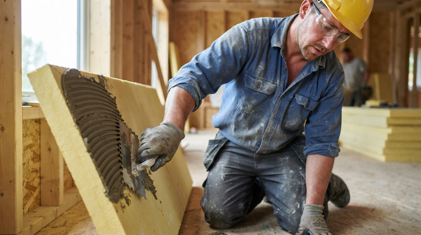 a worker applying adhesive to insulation board